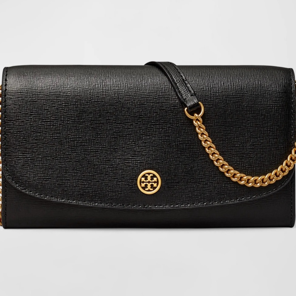 NWT Tory Burch Black Leather Robinson Wallet with removable gold chain strap